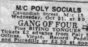 Biting Tongues at Manchester Polytechnic, Cavendish Street, Manchester (supporting Gang of Four)